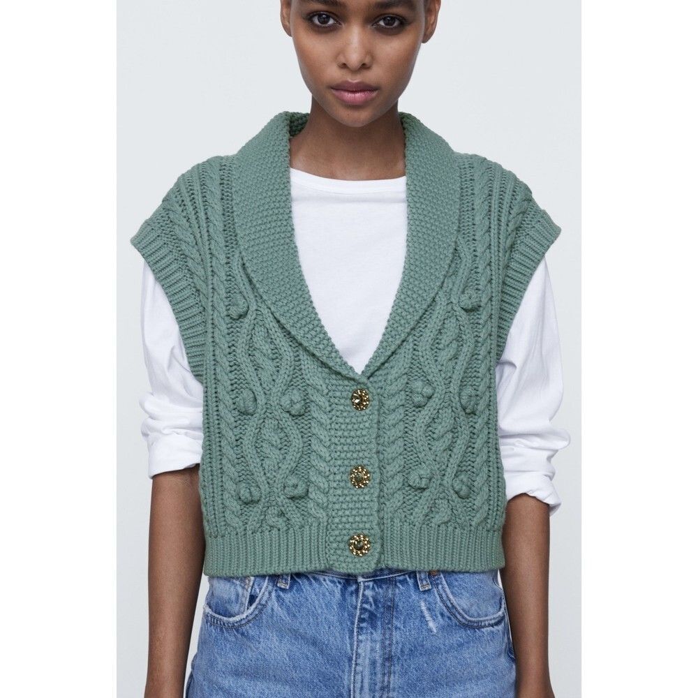 Blue Zara Jewel Button Down Cable Knit Sleeveless Cardigan Sweater Vest (NWT)